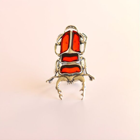 Baltic Cherry Amber Ring -Sterling Silver Scarab Adjustable Ring - Picture 4 of 6
